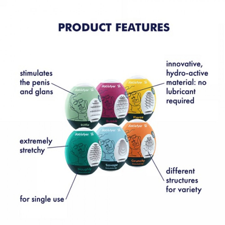 Satisfyer Masturbator Eggs - Riffle + Bubble + Naughty + Crunchy + Savage + Fierce